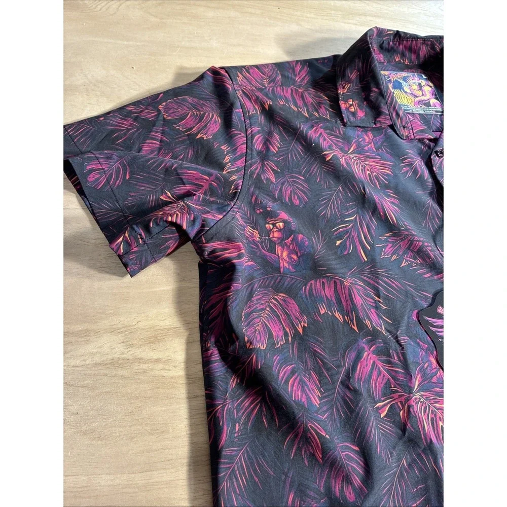 Retro Rifle Chill Chimp Button Up Shirt‎ Mens Large Black Purple Tropical Monkey